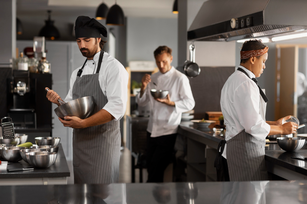 Cooks in a restaurant kitchen preparing food