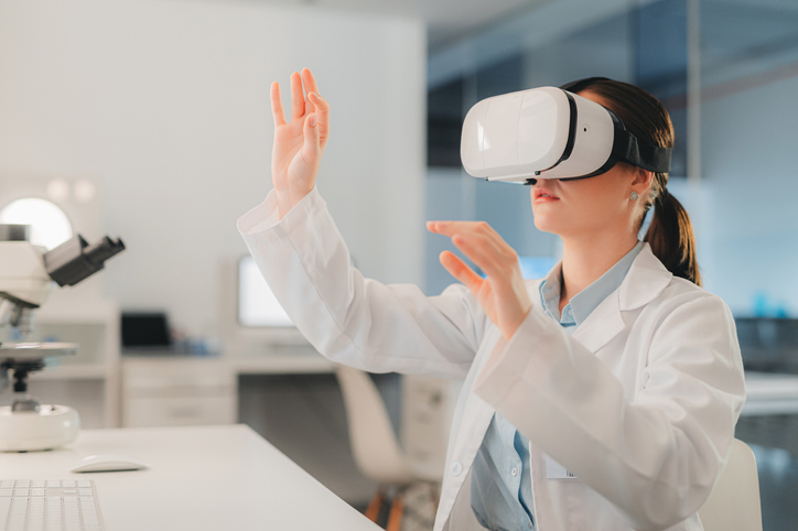 Nurses immersed in a virtual reality training program.