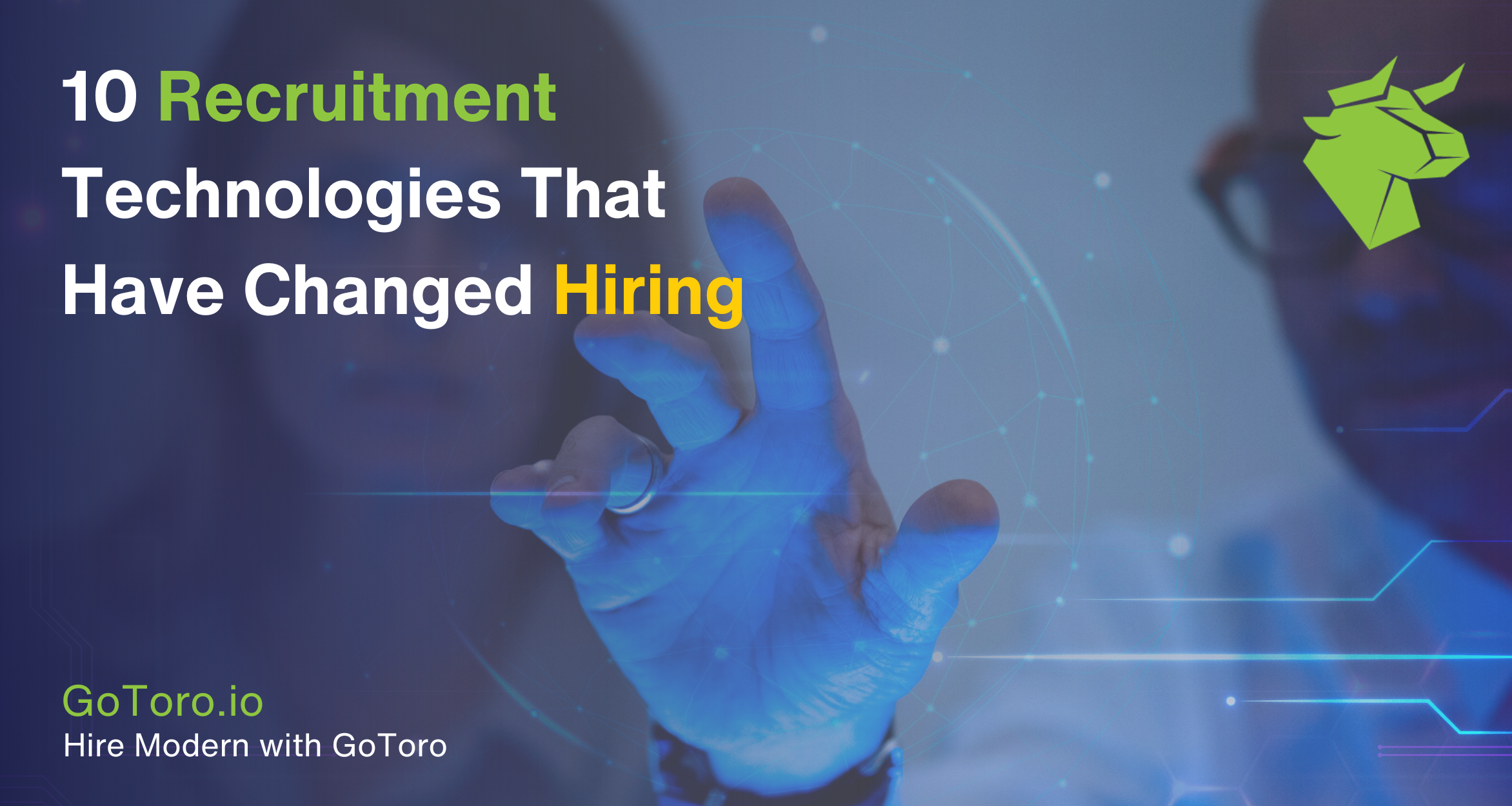 A finger pointing at icons representing new recruitment technology on Gotoro's branded header.
