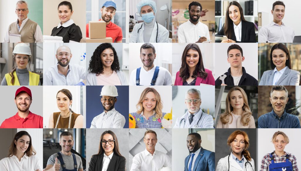 Collage of diverse candidate profile pictures representing the vast selection in automated staffing