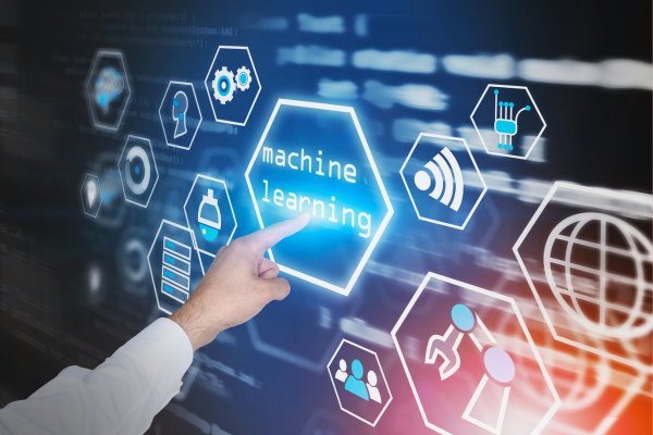  Hand interacting with a futuristic screen displaying machine learning and AI, highlighting hr trends in technology.