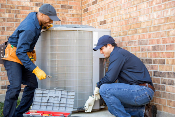 Two HVAC technicians working together during an apprenticeship program, gaining hands-on experience in the field.