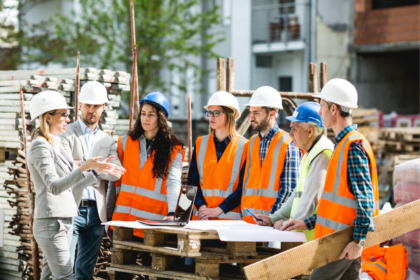 Construction workers in a briefing, showcasing seasonal recruitment.