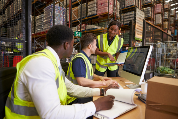  Logistics team collaborating on operations inside a warehouse.