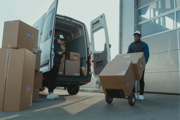 Last-mile delivery workers loading packages into a van.