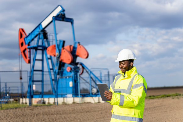 Oil and gas worker using digital tools at a rig, illustrating evolving oil and gas recruitment needs