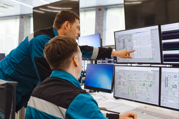 Technicians in an oil and gas control room managing digital systems, showcasing advancements in oil and gas recruitment.