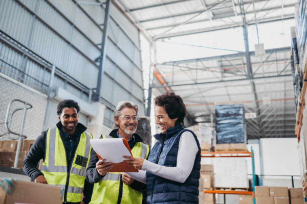 Team leaders discussing career development in a light industrial warehouse.